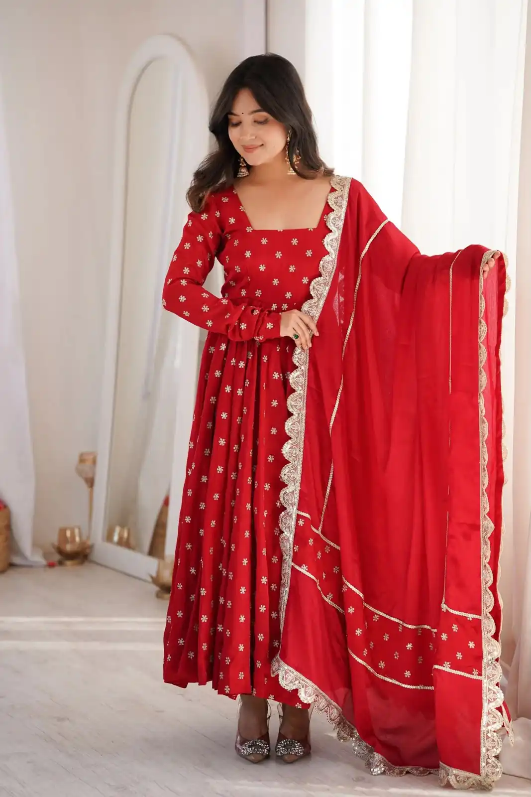 Super Red Chinon Silk Sequence Zari Work Salwar Suit - Image 4