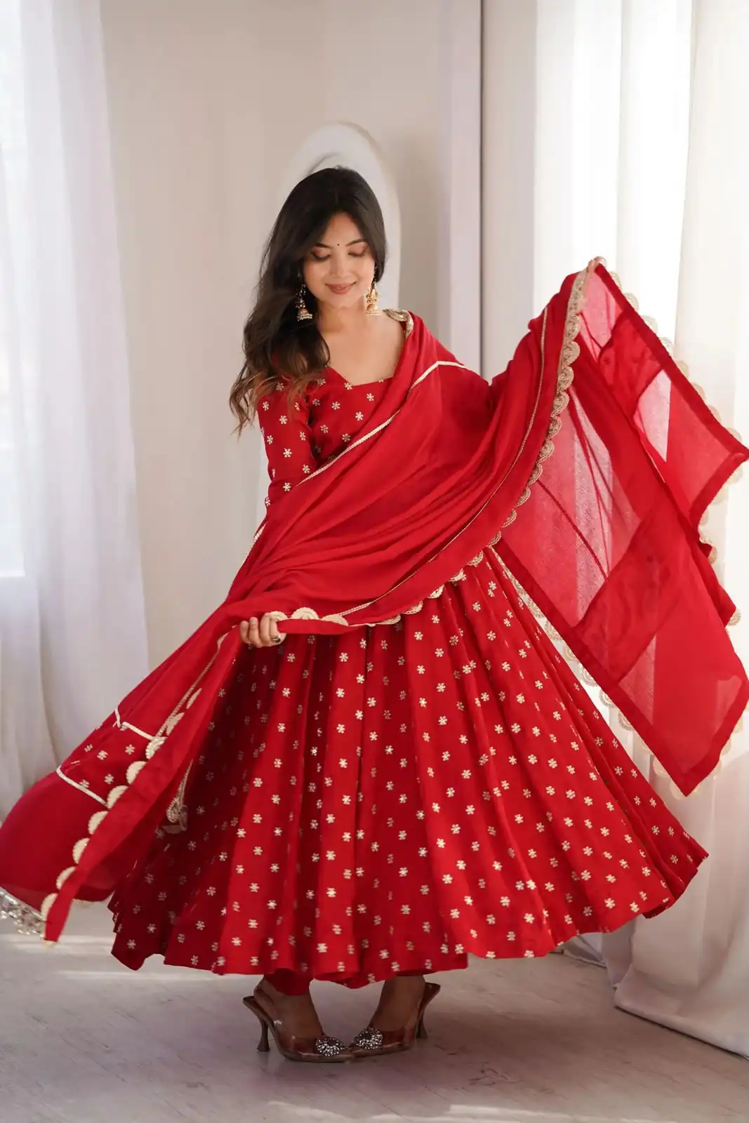 Super Red Chinon Silk Sequence Zari Work Salwar Suit - Image 2