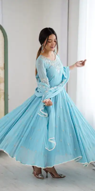 Alternative view of Super Sky Blue Blooming Faux Embroidery Work Gown