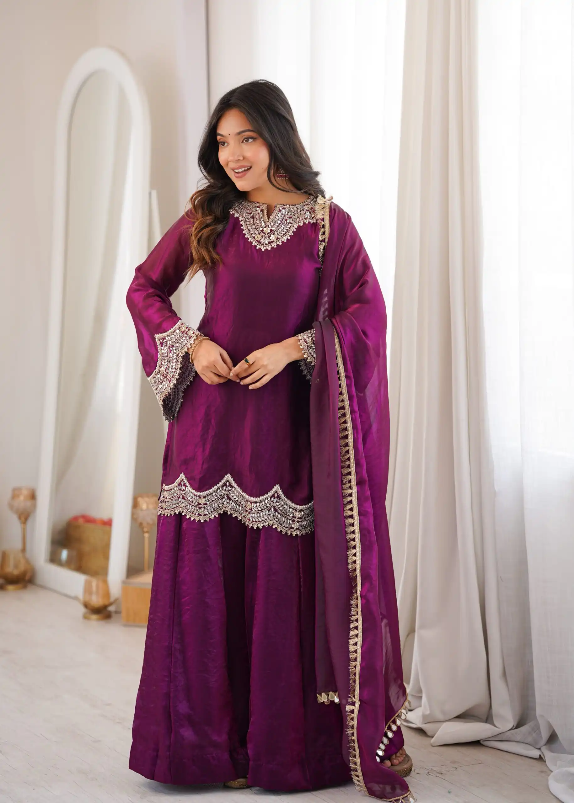 Super Wine Fendy Silk Embroidery Mirror Work⁠ Salwar Suit - Image 2