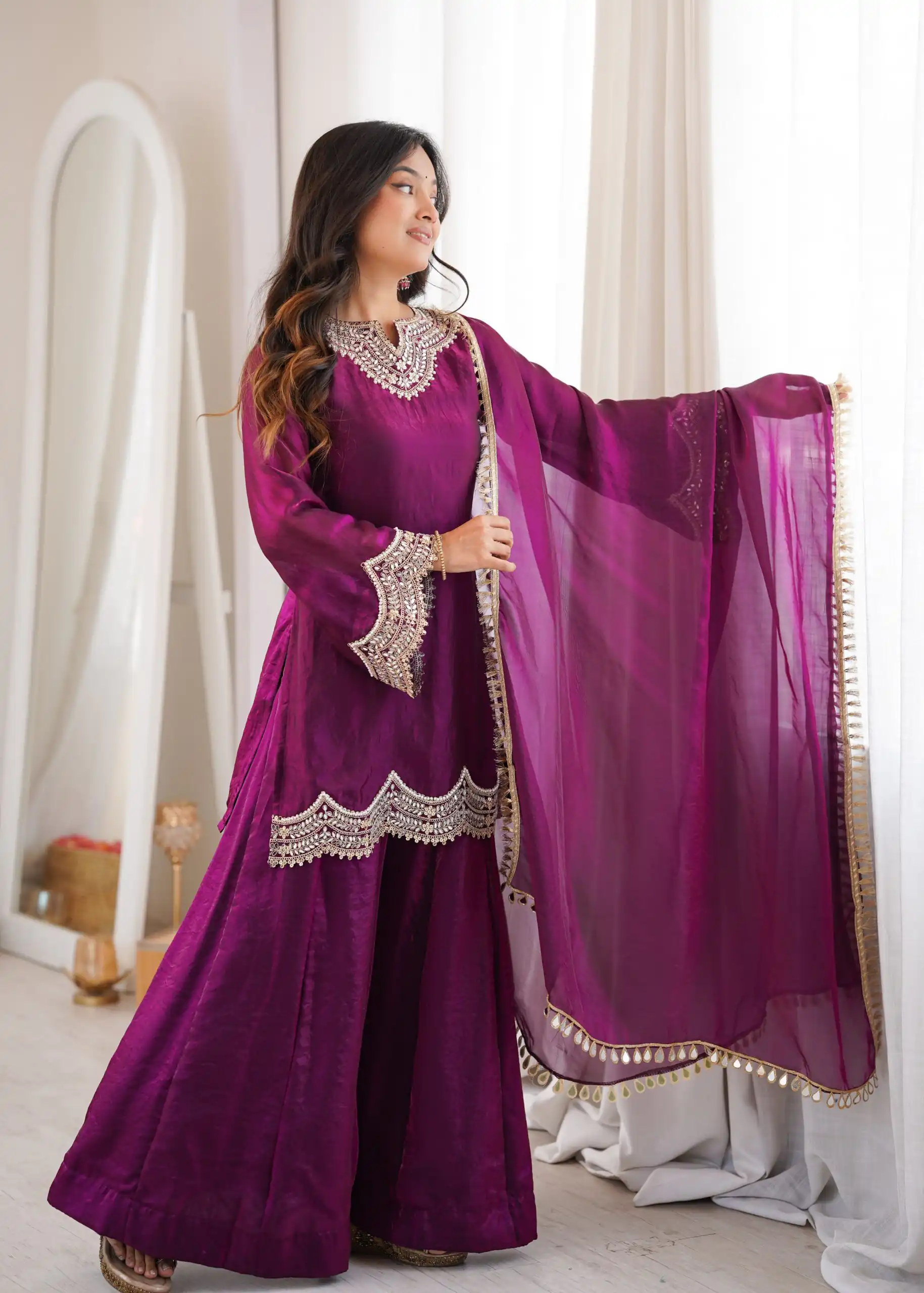 Super Wine Fendy Silk Embroidery Mirror Work⁠ Salwar Suit - Image 11