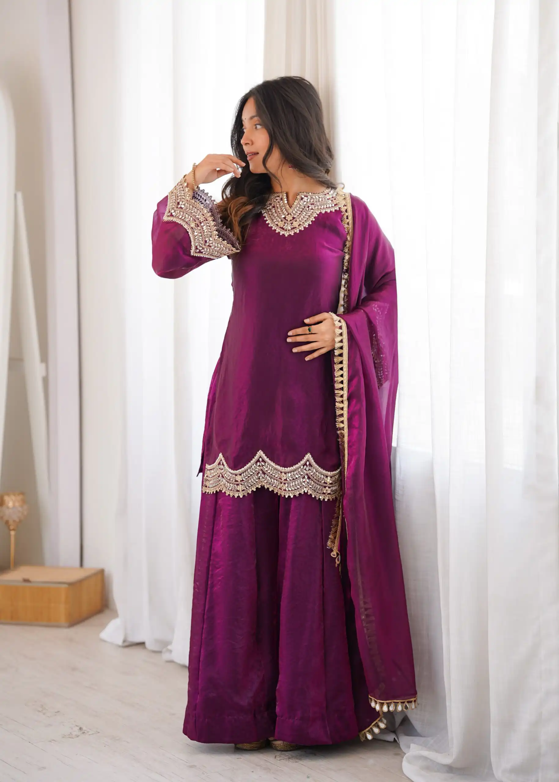 Super Wine Fendy Silk Embroidery Mirror Work⁠ Salwar Suit - Image 6