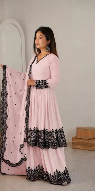 Unique Pink Faux Georgette Embroidery Work Salwar Suit