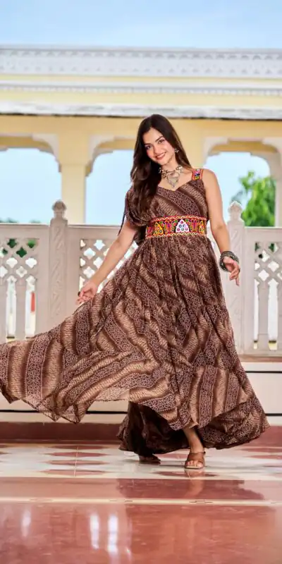 Ram 136 Brown Color | Red Faux Georgette Gown with Mirror Work. Get it for ₹1999. Delivery 4-6 Working Days. Online Shop now. | Gowns, Bollywood Gowns, Creative Gowns, Designer Gowns, Embroidered Gowns, Party Wear Gowns