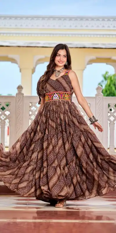 Ram 136 Brown Color | Red Faux Georgette Gown with Mirror Work. Get it for ₹1999. Delivery 4-6 Working Days. Online Shop now. | Gowns, Bollywood Gowns, Creative Gowns, Designer Gowns, Embroidered Gowns, Party Wear Gowns