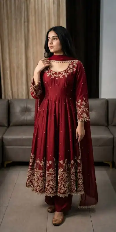 SR 1719 Maroon Faux Georgette Gown Perfect for Wedding, Party, Raksha Bandhan, Temple Visit, Onam – . Get it for ₹2149. Delivery 4-6 Working Days. Shop now | Gowns, Bollywood Gowns, Creative Gowns, Designer Gowns, Embroidered Gowns, Party Wear Gowns