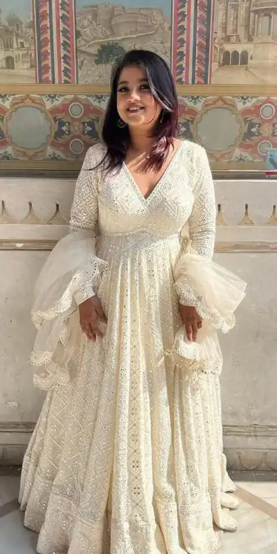ZB 5029 White Fox Georgette Gown Perfect for Wedding, Party, Makar Sankranti, Festival Celebrations, Engagement –. Grab it for ₹2549. Delivery 4-6 Worki | Gowns, Bollywood Gowns, Creative Gowns, Designer Gowns, Embroidered Gowns, Party Wear Gowns