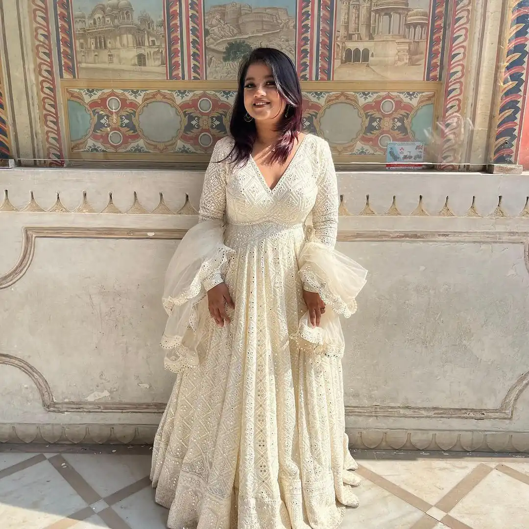 ZB 5029 White Fox Georgette Gown Perfect for Wedding, Party, Makar Sankranti, Festival Celebrations, Engagement –. Grab it for ₹2549. Delivery 4-6 Worki | Gowns, Bollywood Gowns, Creative Gowns, Designer Gowns, Embroidered Gowns, Party Wear Gowns