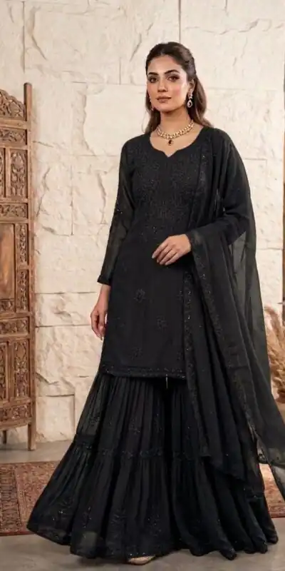 BE 456 Black Georgette Gown Perfect for Wedding, Party, Makar Sankranti, Karwa Chauth, Ethnic Day – . Now at just ₹2049. Delivery 4-6 Working D | Jump Suits, Salwar suit, Designer Suits, Casual Suits, Creative suits, Palazzo Suits, Party Wear Suits, Patiala Suits, Straight Suits