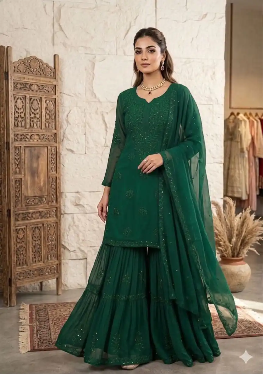 BE 456 Green Georgette Gown Perfect for Wedding, Party, Makar Sankranti, Karwa Chauth, Ethnic Day – . Now at just ₹2049. Delivery 4-6 Working D | Jump Suits, Salwar suit, Designer Suits, Casual Suits, Creative suits, Palazzo Suits, Party Wear Suits, Patiala Suits, Straight Suits