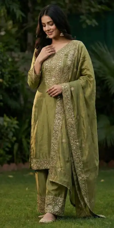 JF 040 Mehandi Fendy Silk Salwar Suitwith Embroidery Work & Lace Work. Now at just ₹2049. Delivery 4-6 Working Days. Shop now. | Jump Suits, Salwar suit, Designer Suits, Casual Suits, Creative suits, Palazzo Suits, Party Wear Suits, Patiala Suits, Straight Suits