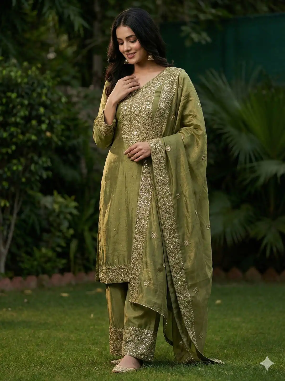 JF 040 Mehandi Fendy Silk Salwar Suitwith Embroidery Work & Lace Work. Now at just ₹2049. Delivery 4-6 Working Days. Shop now. | Jump Suits, Salwar suit, Designer Suits, Casual Suits, Creative suits, Palazzo Suits, Party Wear Suits, Patiala Suits, Straight Suits