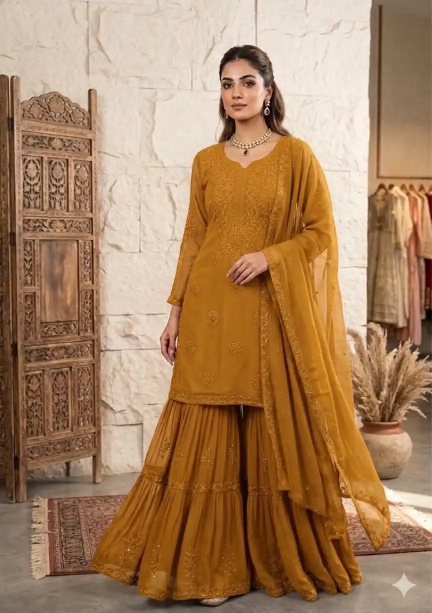 BE 456 Mustered Georgette Gown Perfect for Wedding, Party, Makar Sankranti, Karwa Chauth, Ethnic Day – . Now at just ₹2049. Delivery 4-6 Working D | Jump Suits, Salwar suit, Designer Suits, Casual Suits, Creative suits, Palazzo Suits, Party Wear Suits, Patiala Suits, Straight Suits