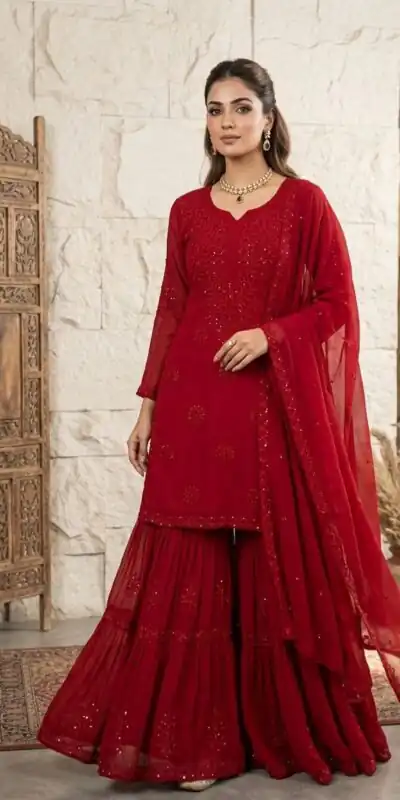 BE 456 Red Georgette Gown Perfect for Wedding, Party, Makar Sankranti, Karwa Chauth, Ethnic Day – . Now at just ₹2049. Delivery 4-6 Working D | Jump Suits, Salwar suit, Designer Suits, Casual Suits, Creative suits, Palazzo Suits, Party Wear Suits, Patiala Suits, Straight Suits