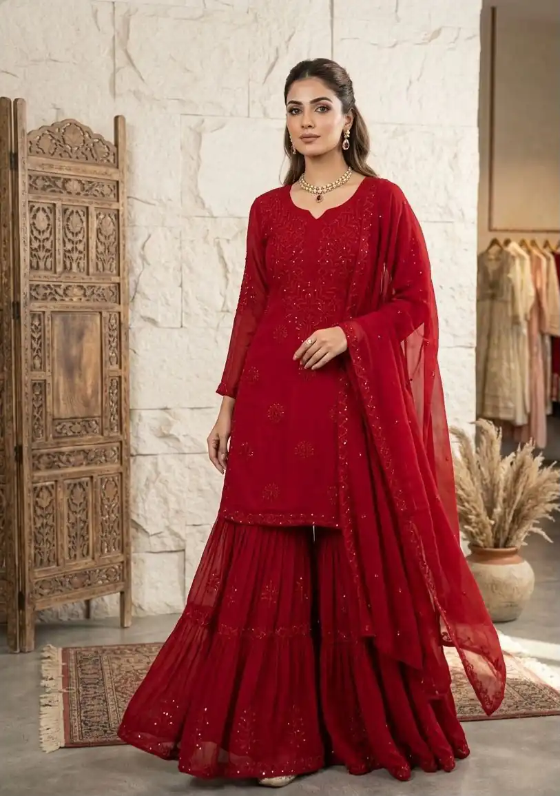 BE 456 Red Georgette Gown Perfect for Wedding, Party, Makar Sankranti, Karwa Chauth, Ethnic Day – . Now at just ₹2049. Delivery 4-6 Working D | Jump Suits, Salwar suit, Designer Suits, Casual Suits, Creative suits, Palazzo Suits, Party Wear Suits, Patiala Suits, Straight Suits