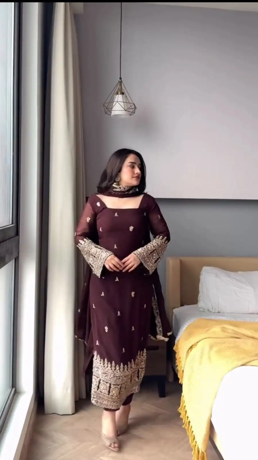 KD 1548 | Brown Faux Georgette Salwar Suit with Lace Work & Lace Border. Festive Deal ₹2049. Delivery 4-6 Working Days. Shop now. | Jump Suits, Salwar suit, Designer Suits, Casual Suits, Creative suits, Palazzo Suits, Party Wear Suits, Patiala Suits, Straight Suits