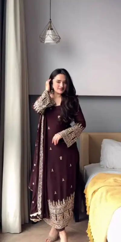 KD 1548 | Brown Faux Georgette Salwar Suit with Lace Work & Lace Border. Festive Deal ₹2049. Delivery 4-6 Working Days. Shop now. | Jump Suits, Salwar suit, Designer Suits, Casual Suits, Creative suits, Palazzo Suits, Party Wear Suits, Patiala Suits, Straight Suits