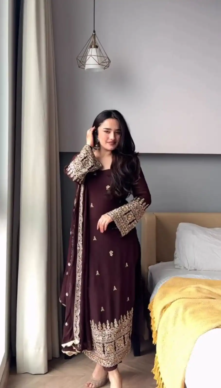 KD 1548 | Brown Faux Georgette Salwar Suit with Lace Work & Lace Border. Festive Deal ₹2049. Delivery 4-6 Working Days. Shop now. | Jump Suits, Salwar suit, Designer Suits, Casual Suits, Creative suits, Palazzo Suits, Party Wear Suits, Patiala Suits, Straight Suits