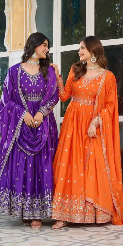 SP 12 Purple in American Silk Sequins Work & Thread Embroidery Gown . Introductory Price ₹2399. Delivery 4-6 Working Days. Shop now. | Gowns, Bollywood Gowns, Creative Gowns, Designer Gowns, Embroidered Gowns, Party Wear Gowns