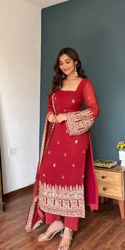 KD 1548 Red | Red Faux Georgette Salwar Suit with Lace Work & Lace Border. Festive Deal ₹2049. Delivery 4-6 Working Days. Shop now. | Jump Suits, Salwar suit, Designer Suits, Casual Suits, Creative suits, Palazzo Suits, Party Wear Suits, Patiala Suits, Straight Suits
