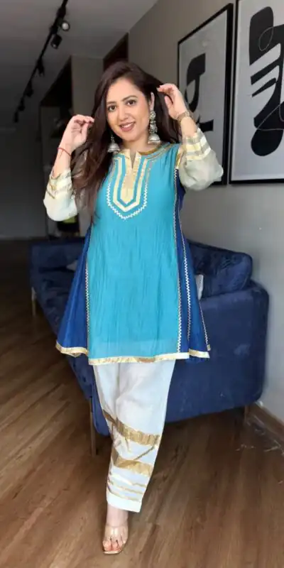 ST 1169 Blue Color Chinon Salwar Suit with Gotta Patti Work. Available at ₹1849 only. Delivery 4-6 Working Days. Shop now. | Jump Suits, Salwar suit, Designer Suits, Casual Suits, Creative suits, Palazzo Suits, Party Wear Suits, Patiala Suits, Straight Suits