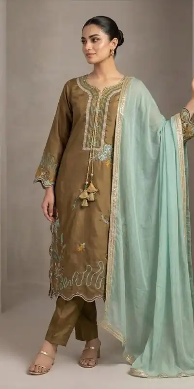LG 2120 Brown | Brown Glass Roman Salwar Suit with Embroidery Work. Introductory Price ₹1999. Delivery 4-6 Working Days. Shop now. | Jump Suits, Salwar suit, Designer Suits, Casual Suits, Creative suits, Palazzo Suits, Party Wear Suits, Patiala Suits, Straight Suits