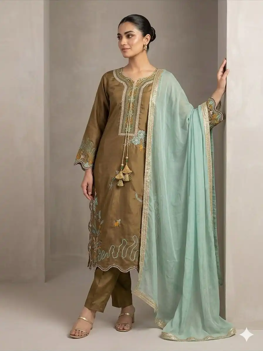 LG 2120 Brown | Brown Glass Roman Salwar Suit with Embroidery Work. Introductory Price ₹1999. Delivery 4-6 Working Days. Shop now. | Jump Suits, Salwar suit, Designer Suits, Casual Suits, Creative suits, Palazzo Suits, Party Wear Suits, Patiala Suits, Straight Suits