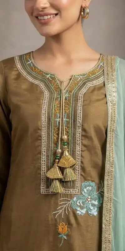 LG 2120 Brown | Brown Glass Roman Salwar Suit with Embroidery Work. Introductory Price ₹1999. Delivery 4-6 Working Days. Shop now. | Jump Suits, Salwar suit, Designer Suits, Casual Suits, Creative suits, Palazzo Suits, Party Wear Suits, Patiala Suits, Straight Suits