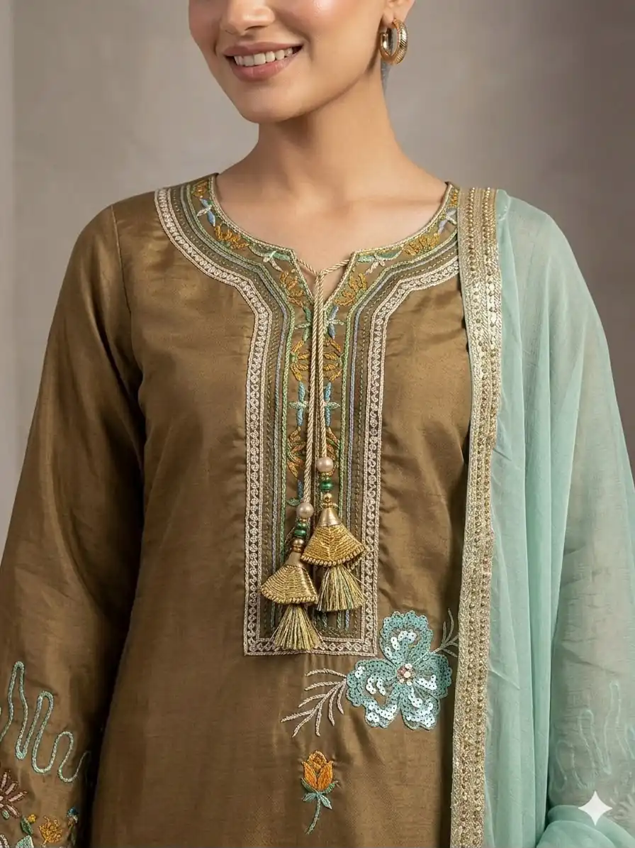LG 2120 Brown | Brown Glass Roman Salwar Suit with Embroidery Work. Introductory Price ₹1999. Delivery 4-6 Working Days. Shop now. | Jump Suits, Salwar suit, Designer Suits, Casual Suits, Creative suits, Palazzo Suits, Party Wear Suits, Patiala Suits, Straight Suits