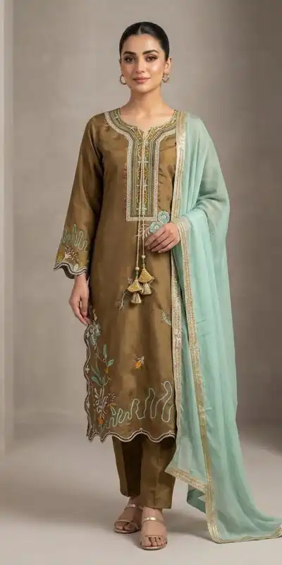 LG 2120 Brown | Brown Glass Roman Salwar Suit with Embroidery Work. Introductory Price ₹1999. Delivery 4-6 Working Days. Shop now. | Jump Suits, Salwar suit, Designer Suits, Casual Suits, Creative suits, Palazzo Suits, Party Wear Suits, Patiala Suits, Straight Suits