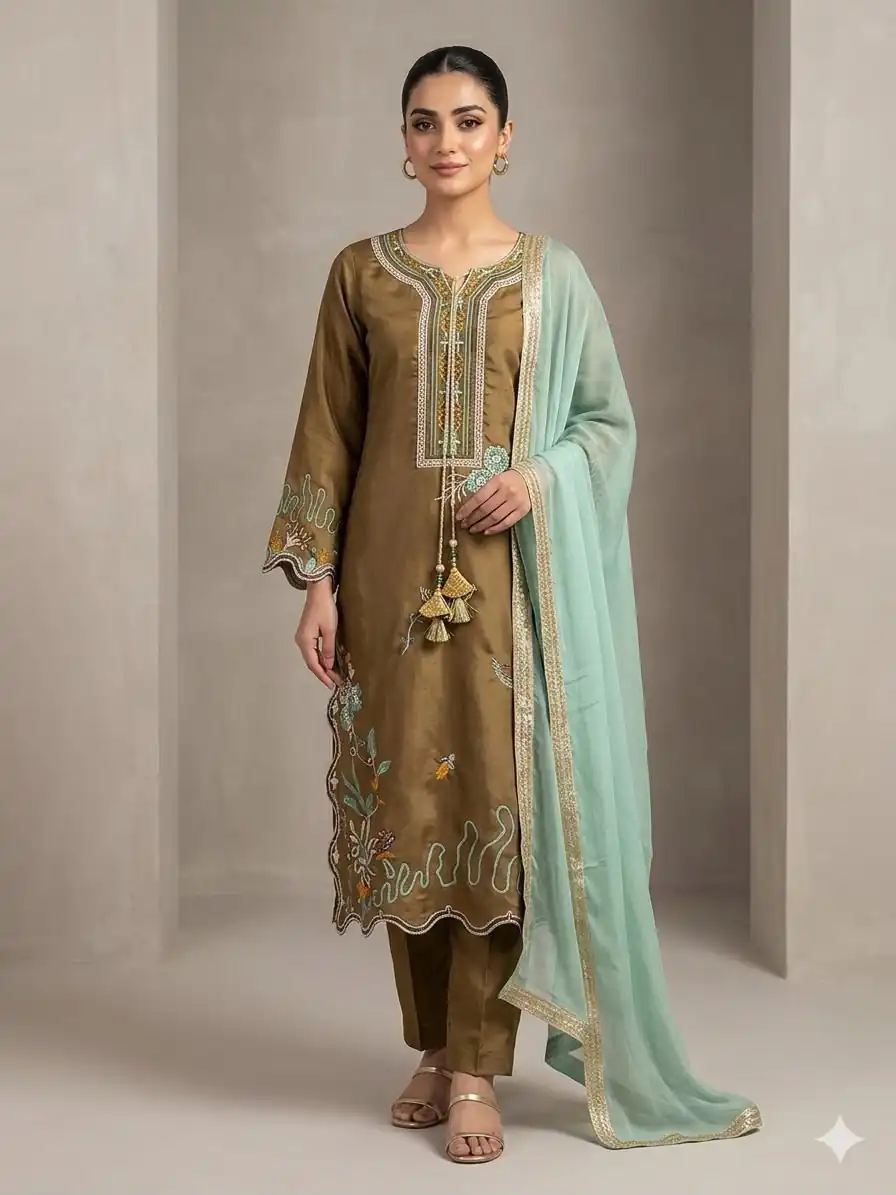 LG 2120 Brown | Brown Glass Roman Salwar Suit with Embroidery Work. Introductory Price ₹1999. Delivery 4-6 Working Days. Shop now. | Jump Suits, Salwar suit, Designer Suits, Casual Suits, Creative suits, Palazzo Suits, Party Wear Suits, Patiala Suits, Straight Suits