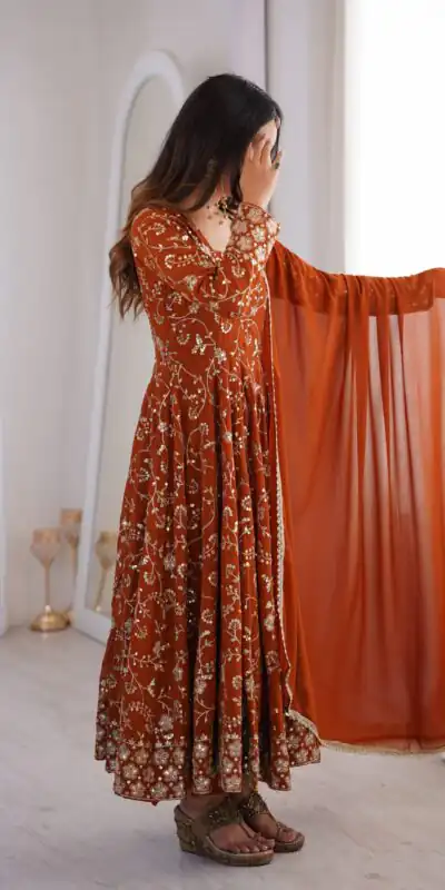 ZF 5024 Rust Fox Perfect for Wedding, Party, Durga Puja, Diwali, Anniversary –Georgette Gown. Now at just ₹2399. Delivery 4-6 Working Days. Shop now. | Gowns, Bollywood Gowns, Creative Gowns, Designer Gowns, Embroidered Gowns, Party Wear Gowns