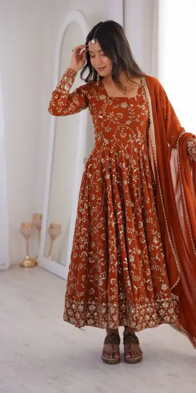 ZF 5024 Rust Fox Perfect for Wedding, Party, Durga Puja, Diwali, Anniversary –Georgette Gown. Now at just ₹2399. Delivery 4-6 Working Days. Shop now. | Gowns, Bollywood Gowns, Creative Gowns, Designer Gowns, Embroidered Gowns, Party Wear Gowns