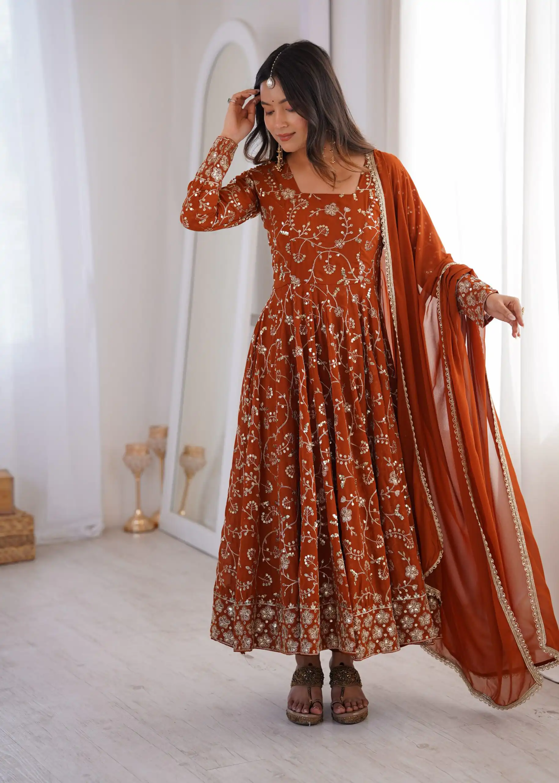 ZF 5024 Rust Fox Perfect for Wedding, Party, Durga Puja, Diwali, Anniversary –Georgette Gown. Now at just ₹2399. Delivery 4-6 Working Days. Shop now. | Gowns, Bollywood Gowns, Creative Gowns, Designer Gowns, Embroidered Gowns, Party Wear Gowns