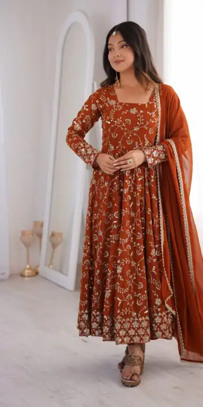ZF 5024 Rust Fox Perfect for Wedding, Party, Durga Puja, Diwali, Anniversary –Georgette Gown. Now at just ₹2399. Delivery 4-6 Working Days. Shop now. | Gowns, Bollywood Gowns, Creative Gowns, Designer Gowns, Embroidered Gowns, Party Wear Gowns