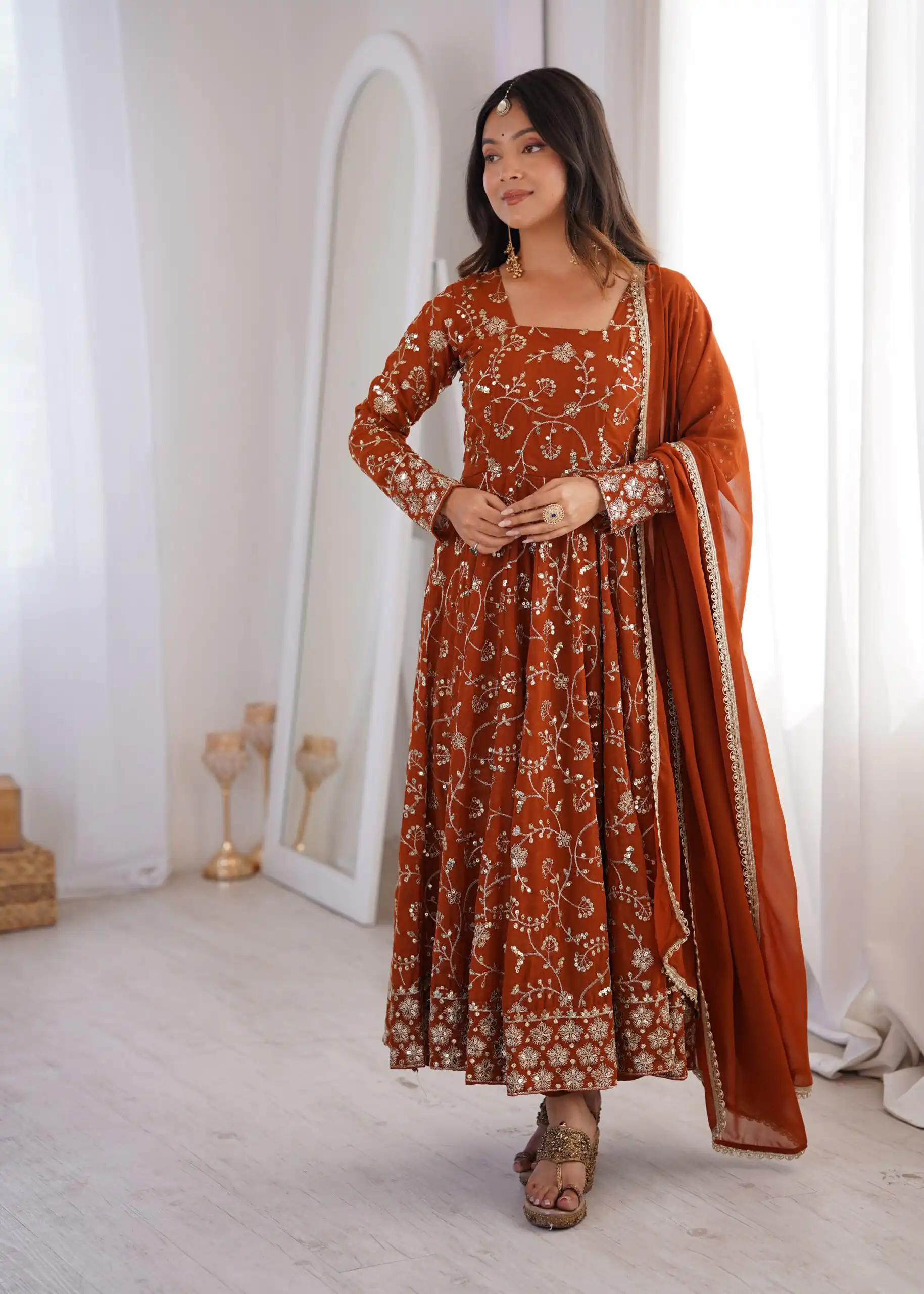ZF 5024 Rust Fox Perfect for Wedding, Party, Durga Puja, Diwali, Anniversary –Georgette Gown. Now at just ₹2399. Delivery 4-6 Working Days. Shop now. | Gowns, Bollywood Gowns, Creative Gowns, Designer Gowns, Embroidered Gowns, Party Wear Gowns