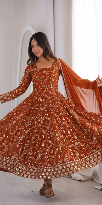 ZF 5024 Rust Fox Perfect for Wedding, Party, Durga Puja, Diwali, Anniversary –Georgette Gown. Now at just ₹2399. Delivery 4-6 Working Days. Shop now. | Gowns, Bollywood Gowns, Creative Gowns, Designer Gowns, Embroidered Gowns, Party Wear Gowns