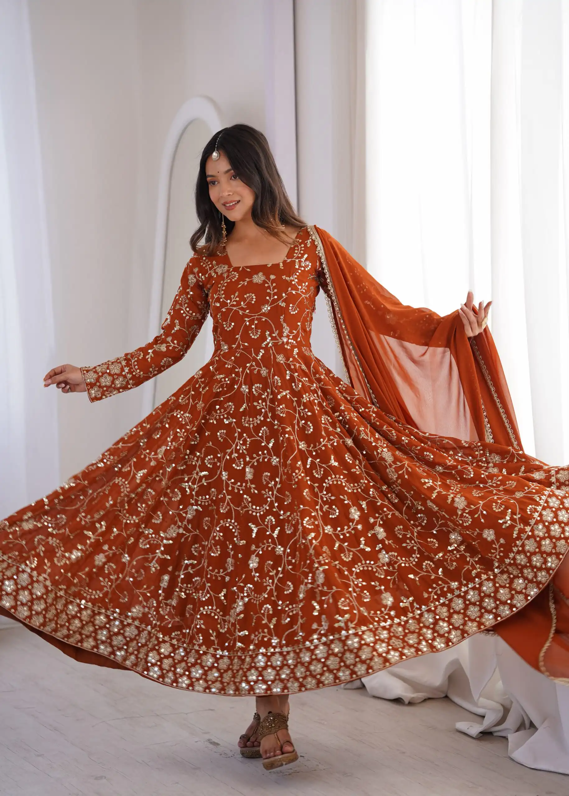 ZF 5024 Rust Fox Perfect for Wedding, Party, Durga Puja, Diwali, Anniversary –Georgette Gown. Now at just ₹2399. Delivery 4-6 Working Days. Shop now. | Gowns, Bollywood Gowns, Creative Gowns, Designer Gowns, Embroidered Gowns, Party Wear Gowns