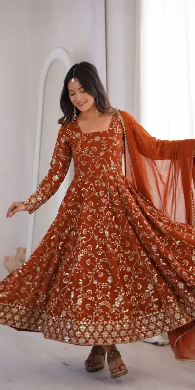 ZF 5024 Rust Fox Perfect for Wedding, Party, Durga Puja, Diwali, Anniversary –Georgette Gown. Now at just ₹2399. Delivery 4-6 Working Days. Shop now. | Gowns, Bollywood Gowns, Creative Gowns, Designer Gowns, Embroidered Gowns, Party Wear Gowns