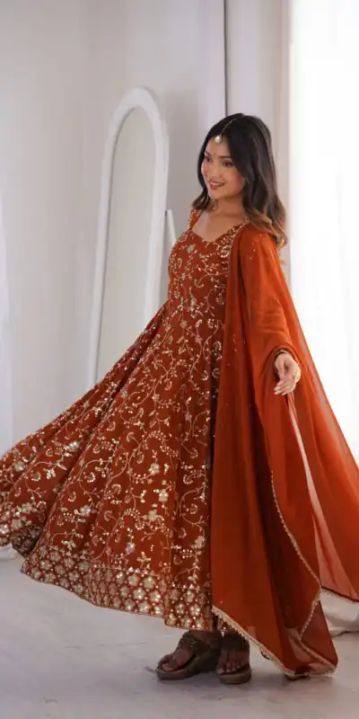 ZF 5024 Rust Fox Perfect for Wedding, Party, Durga Puja, Diwali, Anniversary –Georgette Gown. Now at just ₹2399. Delivery 4-6 Working Days. Shop now. | Gowns, Bollywood Gowns, Creative Gowns, Designer Gowns, Embroidered Gowns, Party Wear Gowns