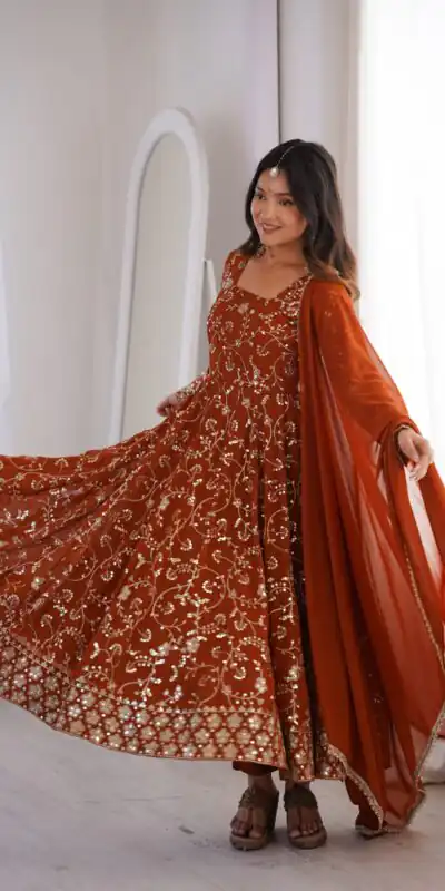 ZF 5024 Rust Fox Perfect for Wedding, Party, Durga Puja, Diwali, Anniversary –Georgette Gown. Now at just ₹2399. Delivery 4-6 Working Days. Shop now. | Gowns, Bollywood Gowns, Creative Gowns, Designer Gowns, Embroidered Gowns, Party Wear Gowns