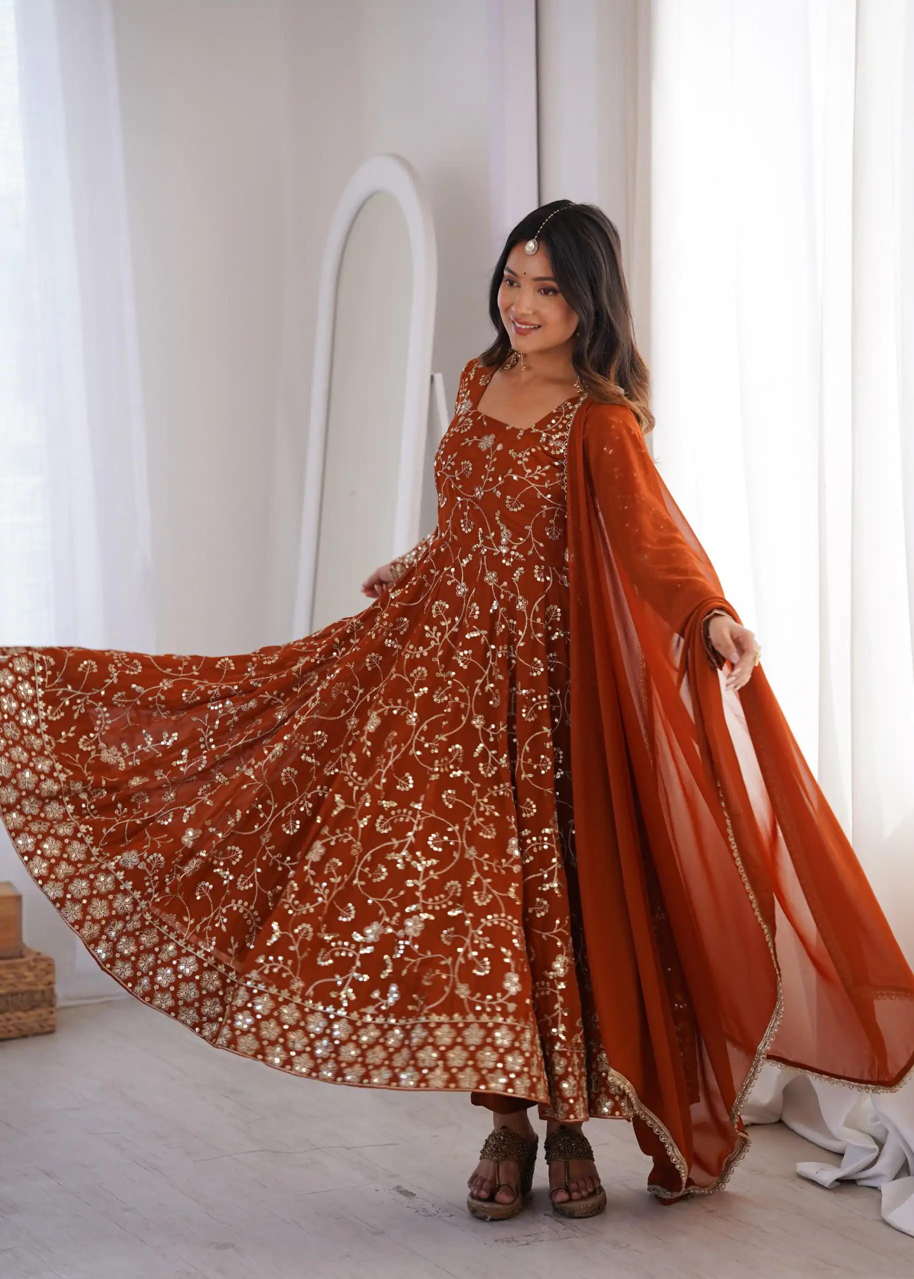 ZF 5024 Rust Fox Perfect for Wedding, Party, Durga Puja, Diwali, Anniversary –Georgette Gown. Now at just ₹2399. Delivery 4-6 Working Days. Shop now. | Gowns, Bollywood Gowns, Creative Gowns, Designer Gowns, Embroidered Gowns, Party Wear Gowns