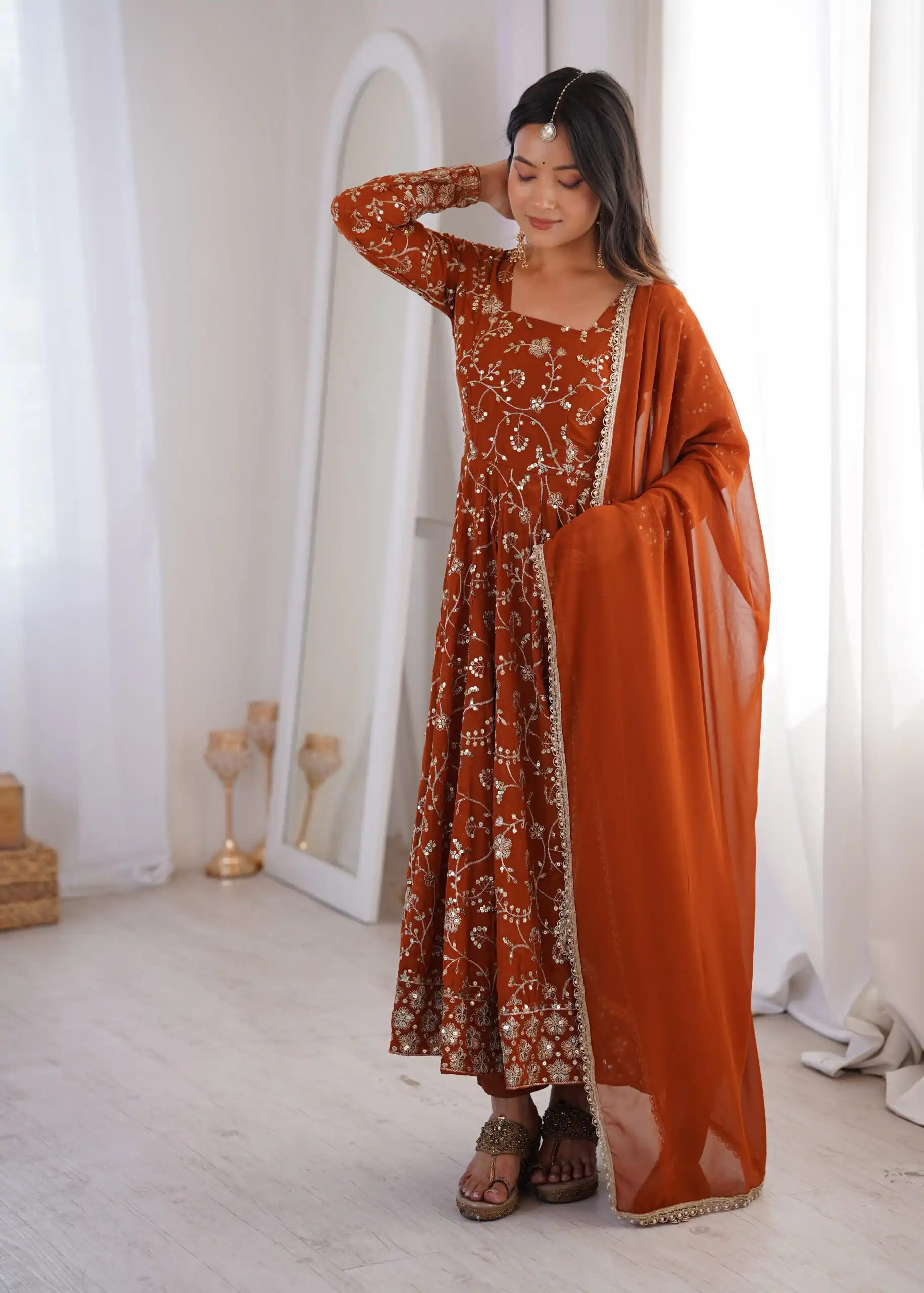 ZF 5024 Rust Fox Perfect for Wedding, Party, Durga Puja, Diwali, Anniversary –Georgette Gown. Now at just ₹2399. Delivery 4-6 Working Days. Shop now. | Gowns, Bollywood Gowns, Creative Gowns, Designer Gowns, Embroidered Gowns, Party Wear Gowns