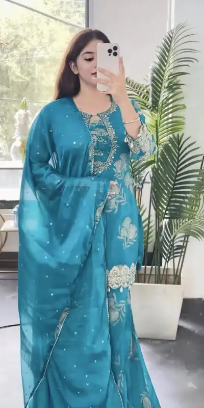 NSR 900 Sky Blue Faux Georgette Salwar Suit with Sequins Work & Embroidery Work. Now at just ₹2150. Delivery 4-6 Working Days. Shop now. | Jump Suits, Salwar suit, Designer Suits, Casual Suits, Creative suits, Palazzo Suits, Party Wear Suits, Patiala Suits