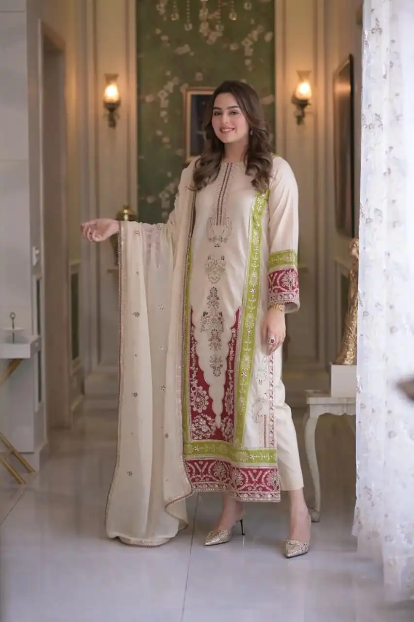 AD 238 Cream Roman Silk Salwar Suit Perfect for Wedding, Party, Lohri, Onam, Reception – . Grab it for ₹2399. Delivery 4-6 Working Days. Shop now. | Jump Suits, Salwar suit, Designer Suits, Casual Suits, Creative suits, Palazzo Suits, Party Wear Suits, Patiala Suits, Straight Suits