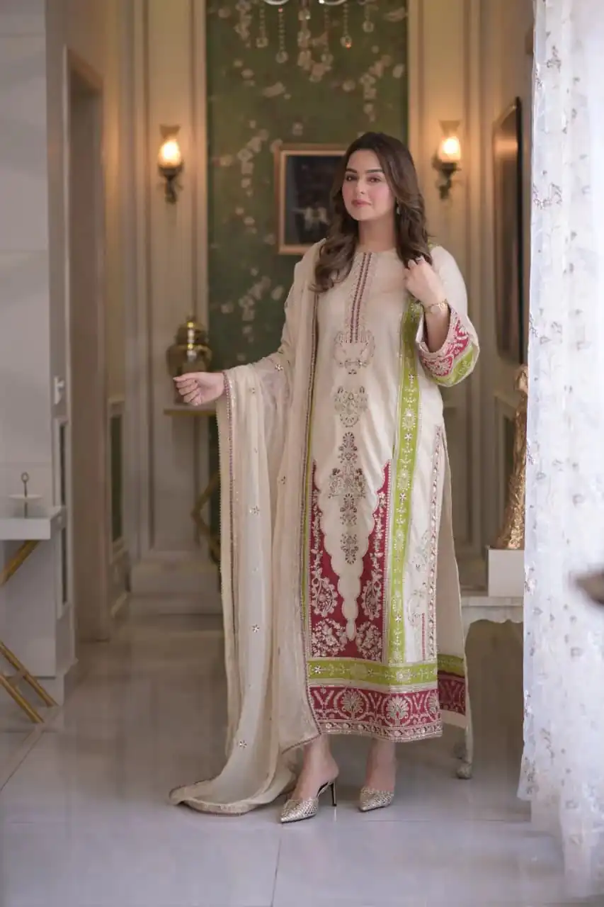 AD 238 Cream Roman Silk Salwar Suit Perfect for Wedding, Party, Lohri, Onam, Reception – . Grab it for ₹2399. Delivery 4-6 Working Days. Shop now. | Jump Suits, Salwar suit, Designer Suits, Casual Suits, Creative suits, Palazzo Suits, Party Wear Suits, Patiala Suits, Straight Suits