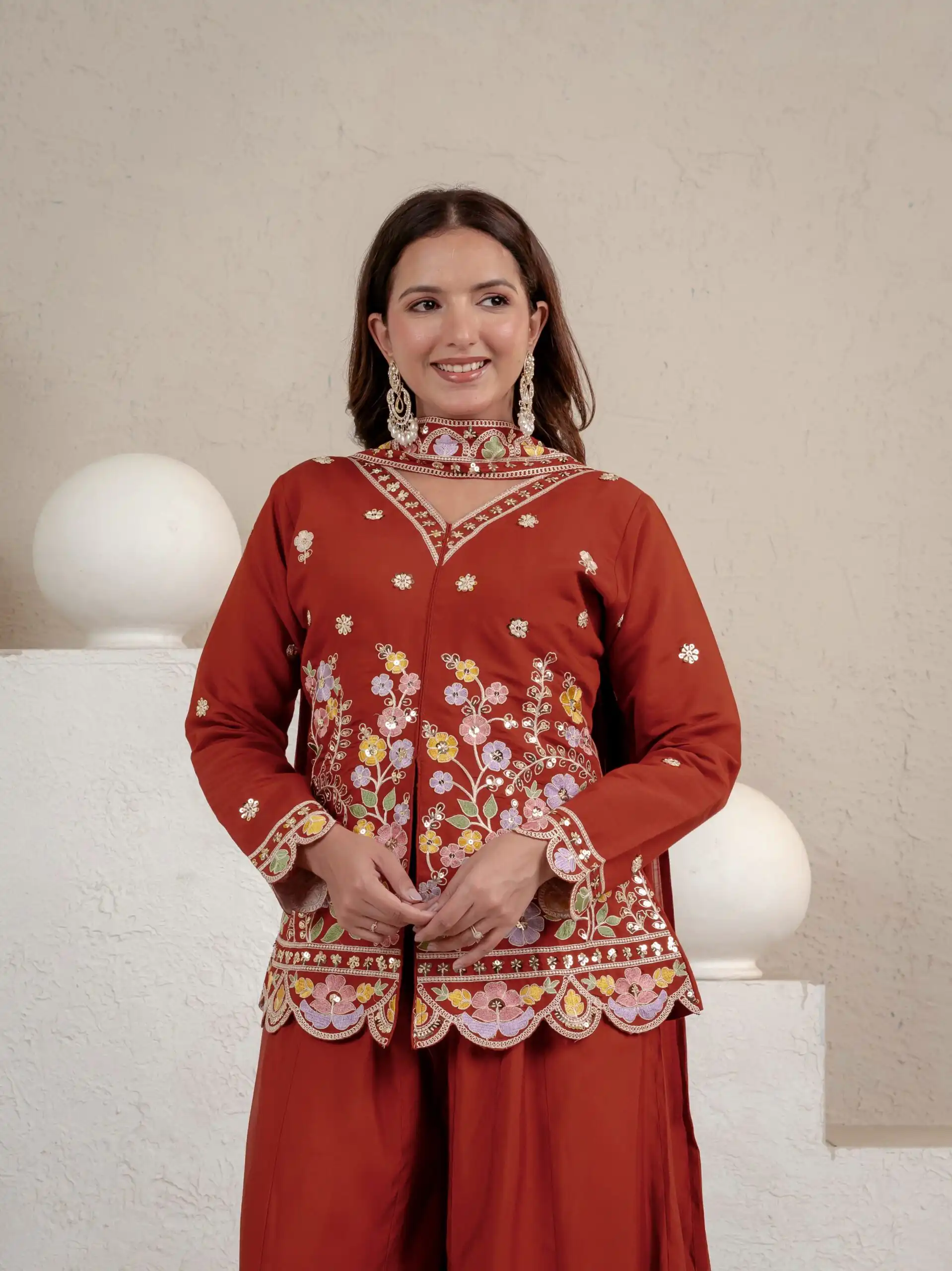 NF 1291 Rust Roman Silk Salwar Suit Perfect for Wedding, Party, Lohri, Onam, Reception – . Grab it for ₹2049. Delivery 4-6 Working Days. Shop now. | Jump Suits, Salwar suit, Designer Suits, Casual Suits, Creative suits, Palazzo Suits, Party Wear Suits, Patiala Suits, Straight Suits