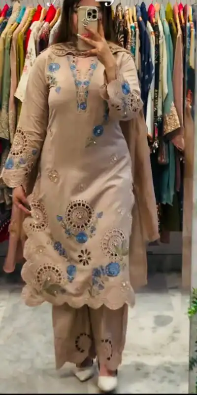 VLM 343 Chiku Roman Salwar Suit with Cut Work & Embroidery Work. Exclusive Offer ₹2449. Delivery 4-6 Working Days. Shop now. | Jump Suits, Salwar suit, Designer Suits, Casual Suits, Creative suits, Palazzo Suits, Party Wear Suits, Patiala Suits, Straight Suits
