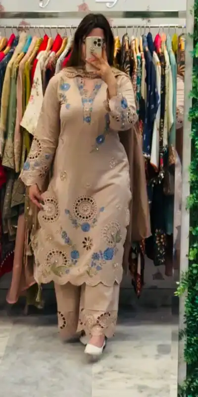 VLM 343 Chiku Roman Salwar Suit with Cut Work & Embroidery Work. Exclusive Offer ₹2449. Delivery 4-6 Working Days. Shop now. | Jump Suits, Salwar suit, Designer Suits, Casual Suits, Creative suits, Palazzo Suits, Party Wear Suits, Patiala Suits, Straight Suits