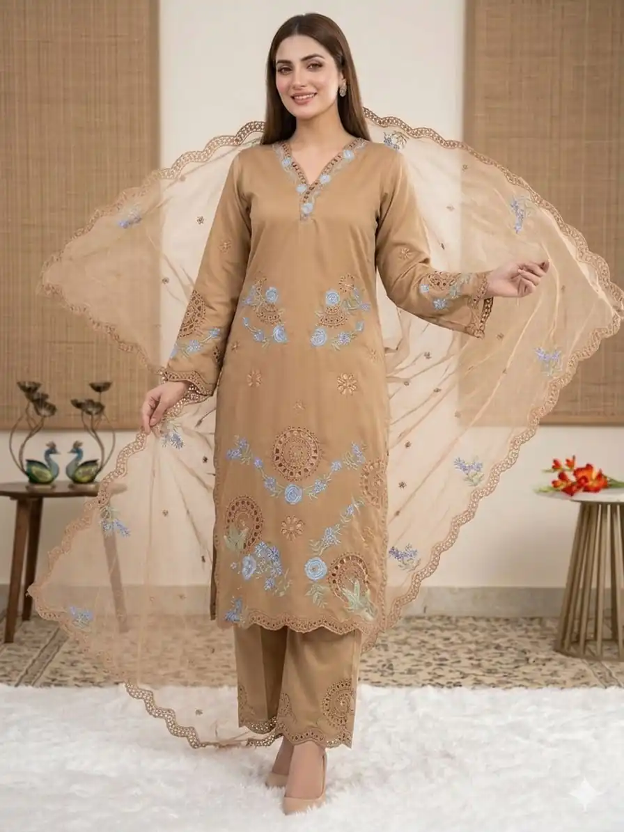 VLM 343 Chiku Roman Salwar Suit with Cut Work & Embroidery Work. Exclusive Offer ₹2449. Delivery 4-6 Working Days. Shop now. | Jump Suits, Salwar suit, Designer Suits, Casual Suits, Creative suits, Palazzo Suits, Party Wear Suits, Patiala Suits, Straight Suits